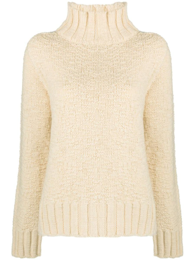 Jil Sander High Neck Rib Trim Knit Sweater In White