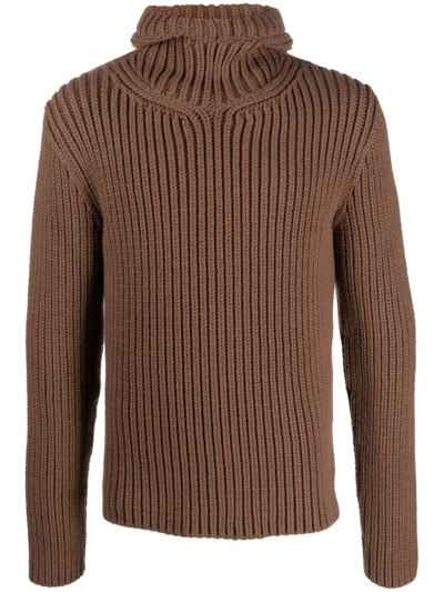 Lanvin Ribbed-knit Hooded Jumper In Brown