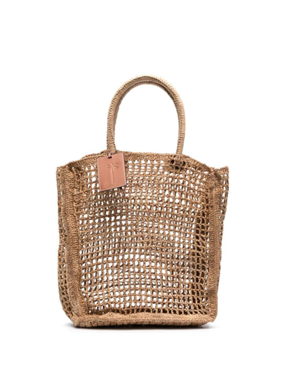 Manebi Net Raffia Tote Bag In Beige