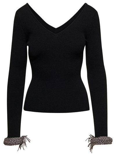 GIUSEPPE DI MORABITO BLACK TOP WITH V NECKLINE AND EMBELLISHED WRIST IN WOOL BLEND WOMAN