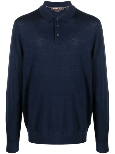 Michael Kors Long-sleeve Merino Polo Shirt In Blue