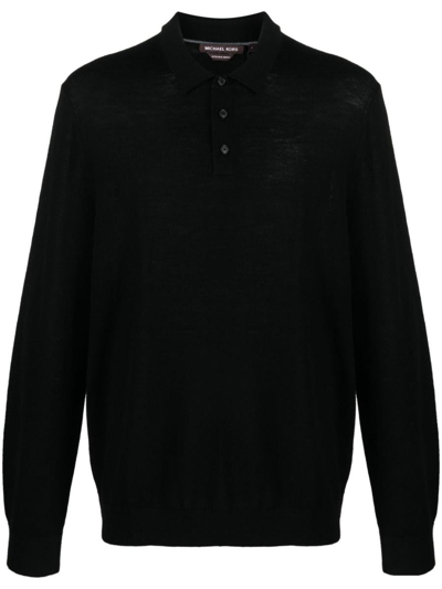 Michael Kors Long-sleeve Merino Polo Shirt In Black