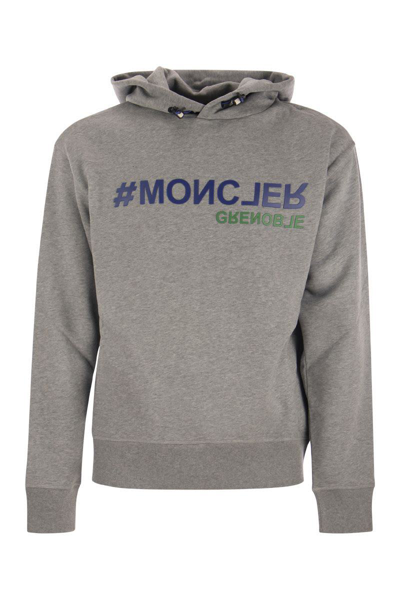 Moncler Grenoble Logo Printed Drawstring Hoodie In Grey