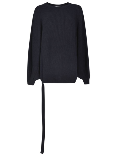 Msgm Blue Crew Neck Pullover With Ribbon On The Bottom