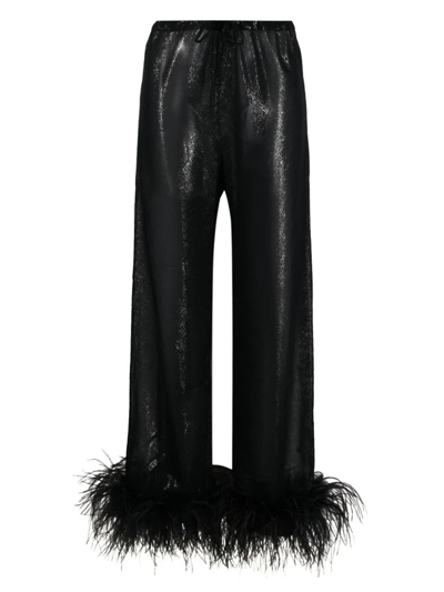 Oseree Feather-trim Pyjama Bottoms In Black