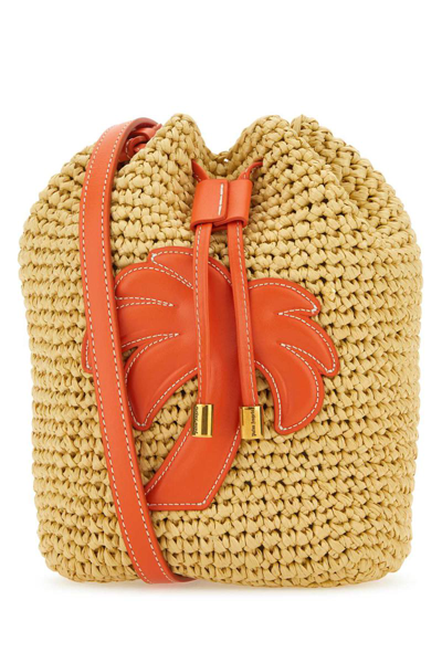 Palm Angels Woven Palm-tree Bucket Bag In Brown