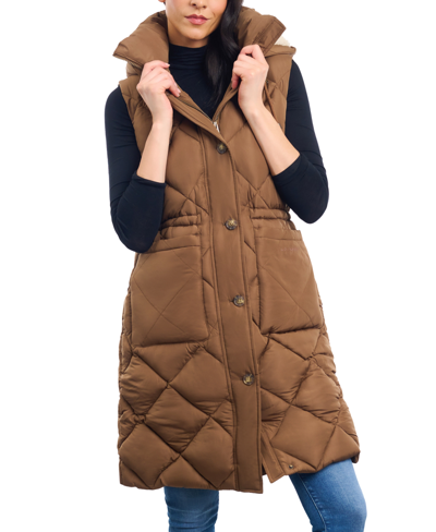 Lucky Brand Oversize Longline Puffer Vest With Removable Faux Shearling Lined Hood In Pecan