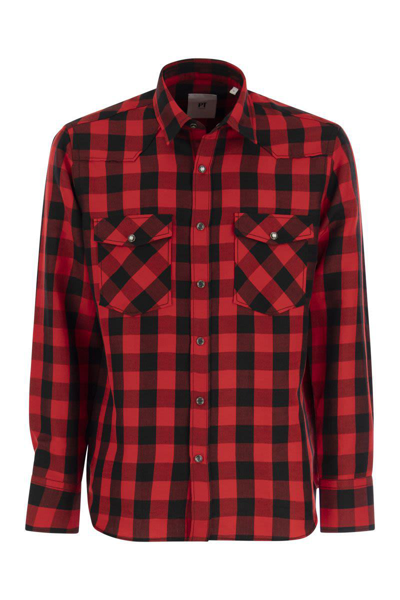 Pt Torino Checked Shirt In Cotton And Linen Blend In Red/black