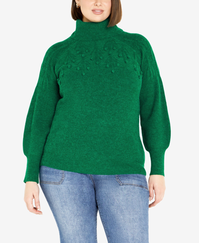 Avenue Plus Size Elsa Pom Pom Balloon Sleeve Sweater In Jade