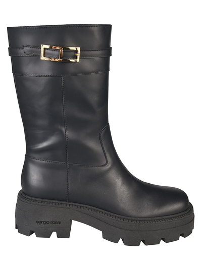 Sergio Rossi Nora Buckle Detailed Round Toe Boots In Black