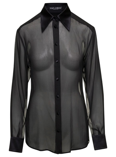 DOLCE & GABBANA BLACK SHEER SHIRT WITH POINTED COLLAR IN STRETCH SILK WOMAN