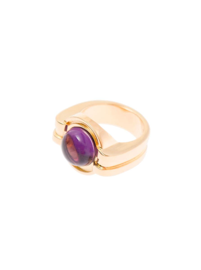 Leda Madera Sophia  Gold Plated Brass Rings Wirh Purple Stone Detail  Woman In Grey