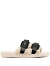 Suicoke Double Strap Rubber Sole Slides With Logo-patch In Black