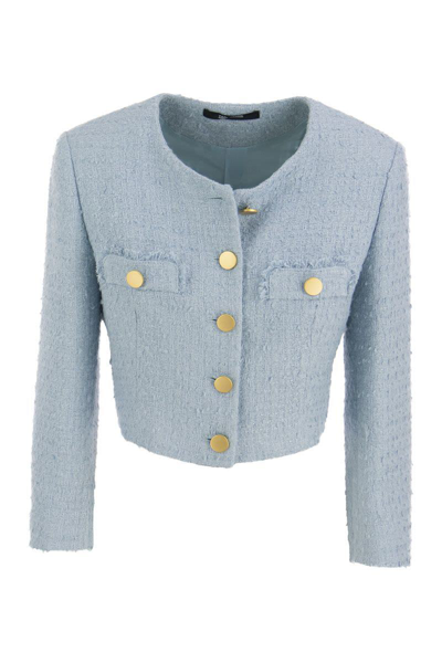 Tagliatore No-lapels Cropped Tweed Jacket In Blue