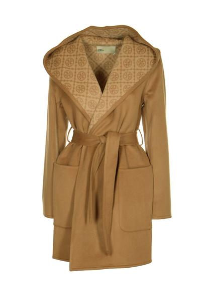 Tory Burch Coat With Logo In Beige T-monogram