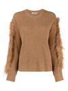 Twinset Feather-detail Crew-neck Jumper In Brown