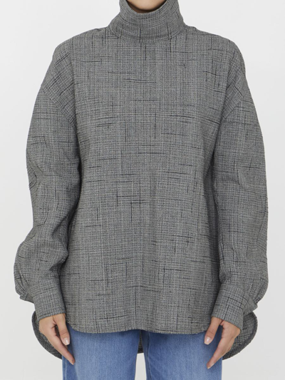 Bottega Veneta Turtleneck 3d Crisscross Plaid Jacquard Oversized Shirt In Grey