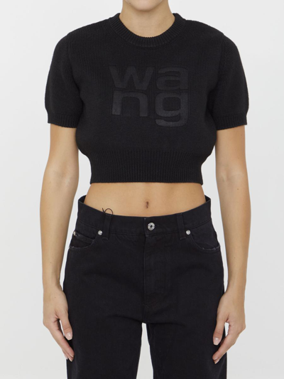 Alexander Wang Logo Embroidered Knit Cropped Top In Black