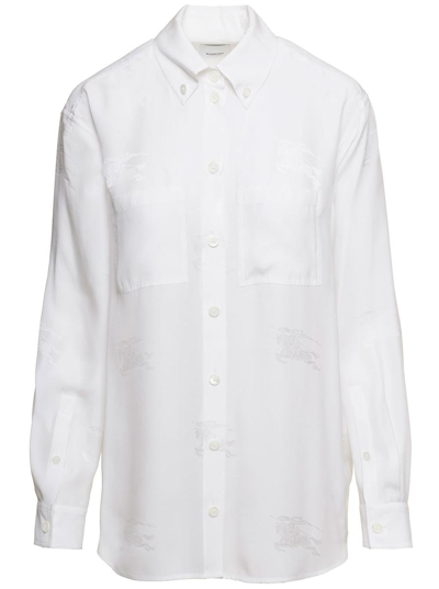 BURBERRY WHITE OVERSIZED SHIRT WITH ALL-OVER EMBROIDERY PRINT IN 'MULBERRY' SILK WOMAN