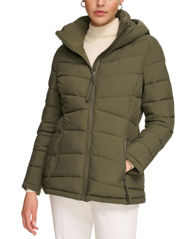 Calvin Klein Women's Stretch Hooded Puffer Coat, Created For Macy's In Olivine