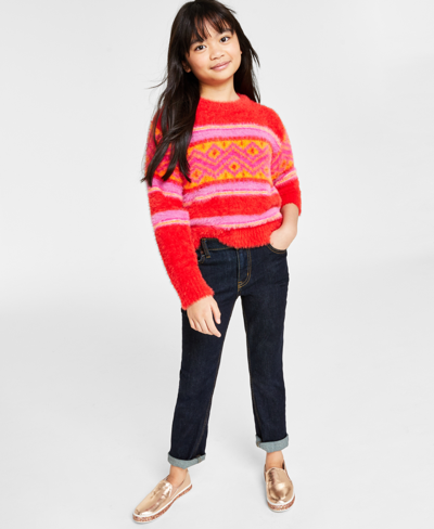 Charter Club Kids' Holiday Lane Big Girls Fair Isle Crewneck Long-sleeve Sweater, Created For Macy's In Bright Ruby Combo