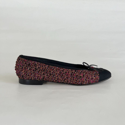 Pre-owned Chanel Metallic Tweed Red/black Shimmery Ballerina Flats