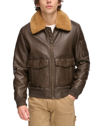 Tommy Hilfiger Men's Faux-fur-trim Faux-leather Bomber Jacket In Dark Brown