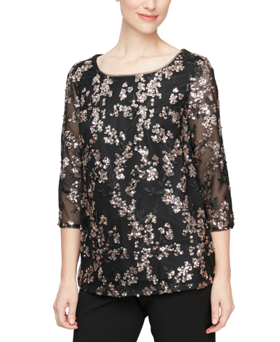 Alex Evenings Petite Sequin-embellished 3/4-sleeve Blouse In Black,copper