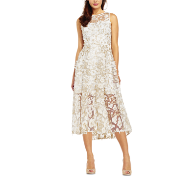 Adrianna Papell Floral-appliques Midi Dress In Ivory/ Gold