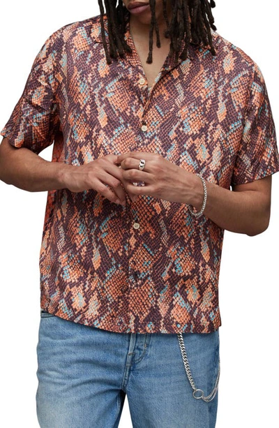 Allsaints Rattle Snake Print Short Sleeve Shirt In Tobacco Brown