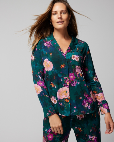 Soma Women's Cool Nights Long-sleeve Collared Pajama Top In Drama Blooms Mid Forest Size Small |