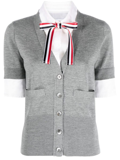 Thom Browne Jersey Stitch Organza Round Collar Shirt Ss V Neck Cardigan Combo In Wool With Rwb Satin Ribbon T In Grey