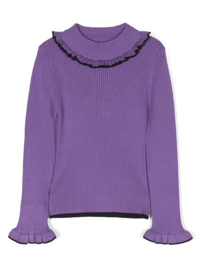 Msgm Kids' Ribbed-knit Ruffled-trim Jumper In Lilla