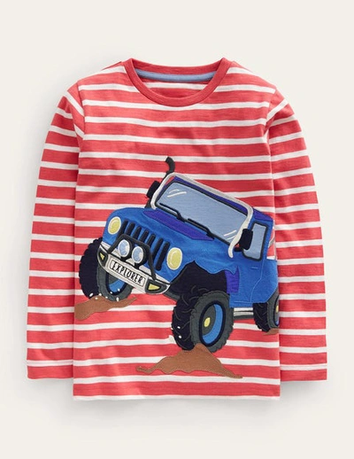Mini Boden Kids' Off Road Appliqué T-shirt Jam Red/ivory Truck Girls Boden
