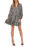 Cece Metallic Abstract Print Long Sleeve Babydoll Dress In Rich Black