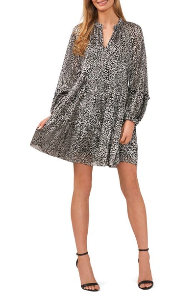 Cece Metallic Abstract Print Long Sleeve Babydoll Dress In Gunmetal