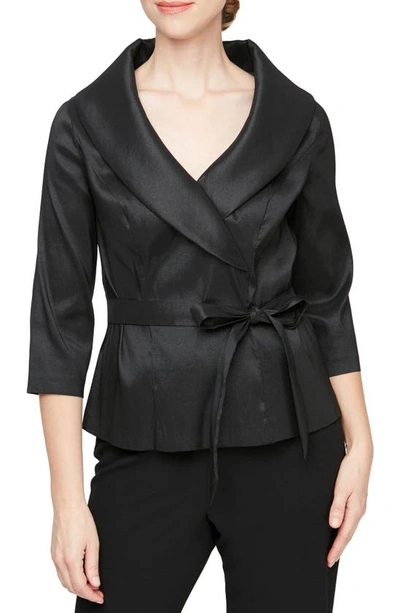 Alex Evenings Brushed Satin Tie Waist Blouse In Black