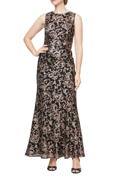 Alex Evenings Sequin Sleeveless Gown In Black,copper