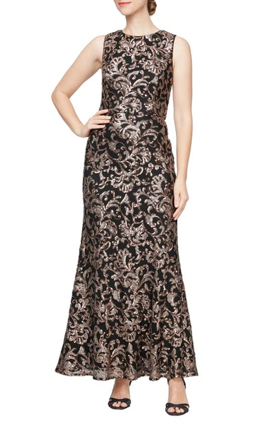 Alex Evenings Sequin Sleeveless Gown In Black/ Copper