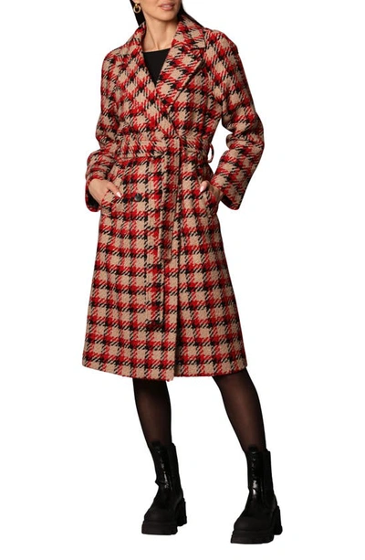 Avec Les Filles Belted Plaid Double Breasted Longline Coat In Camel/ Black/ Red Plaid