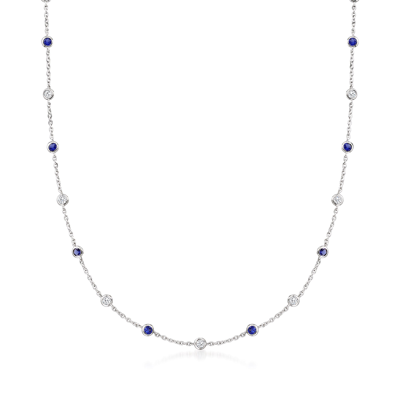 Ross-simons Cz And Simulated Sapphire Station Necklace In Sterling Silver In Metallic