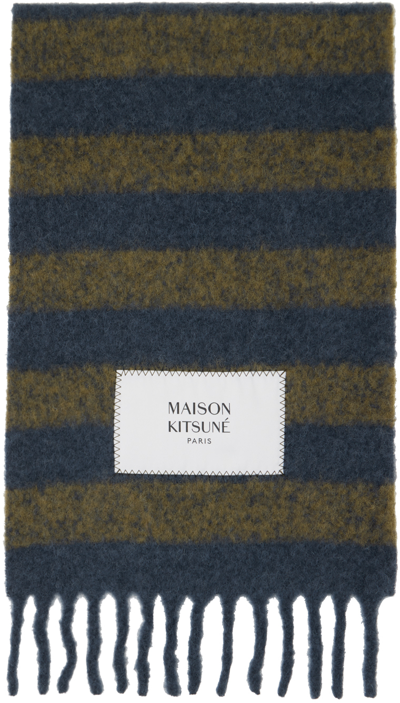 Maison Kitsuné Khaki & Navy Striped Scarf In Ink Blue/khaki