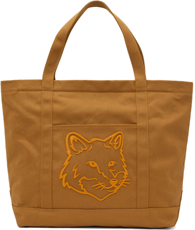 Maison Kitsuné Tan Mini Bold Fox Head Tote In P236 Golden Brown