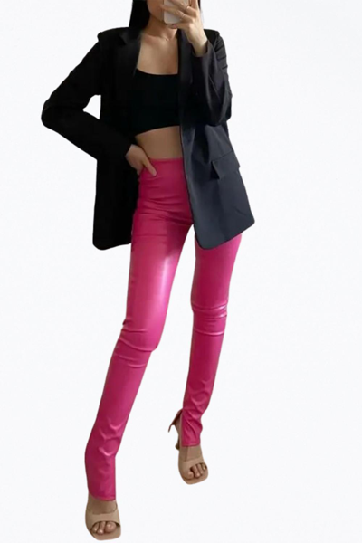Goldie London High-rise Vegan Leather Side Split-hem Pants In Hot Pink