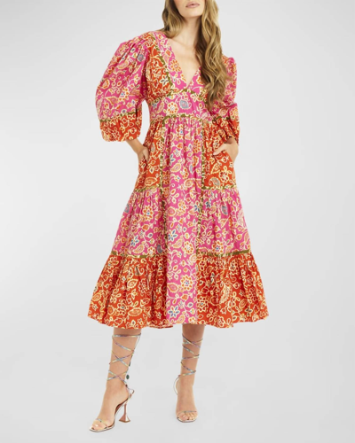 Love The Label Elise Puff Sleeves Midi Dress In Alessandra Pink Print In Multi
