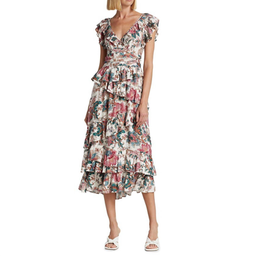 LOVE THE LABEL SALOME FLUTTER SLEEVE LUREX MIDI DRESS IN LILLIE WHITE PRINT