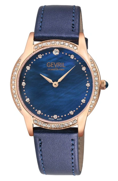 Gevril Airolo Swiss Diamond Leather Strap Watch, 36mm In Blue