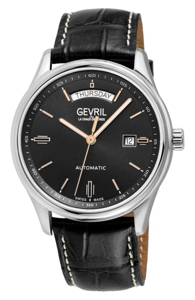 Gevril Excelsior Croc Embossed Leather Strap Watch, 42mm In Black
