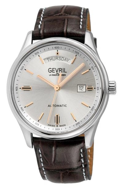 Gevril Excelsior Croc Embossed Leather Strap Watch, 42mm In Brown