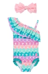 Rufflebutts Mermaid One-shoulder One-piece Swimsuit & Headband Set In Blue